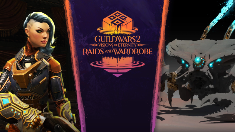 A warrior in orange armor beside the Raids and Wardrobe title and a beast with glowing eyes
