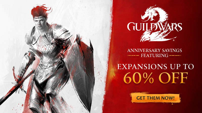 A red-haired warrior in silver armor beside the words Expansions up to 60% off