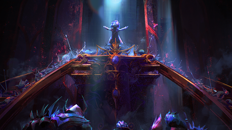 A lone figure stands on a bridge of dark crystal under a beam of light