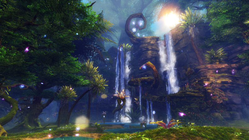 Waterfalls pour into a glowing forest pool beneath a ringed sky