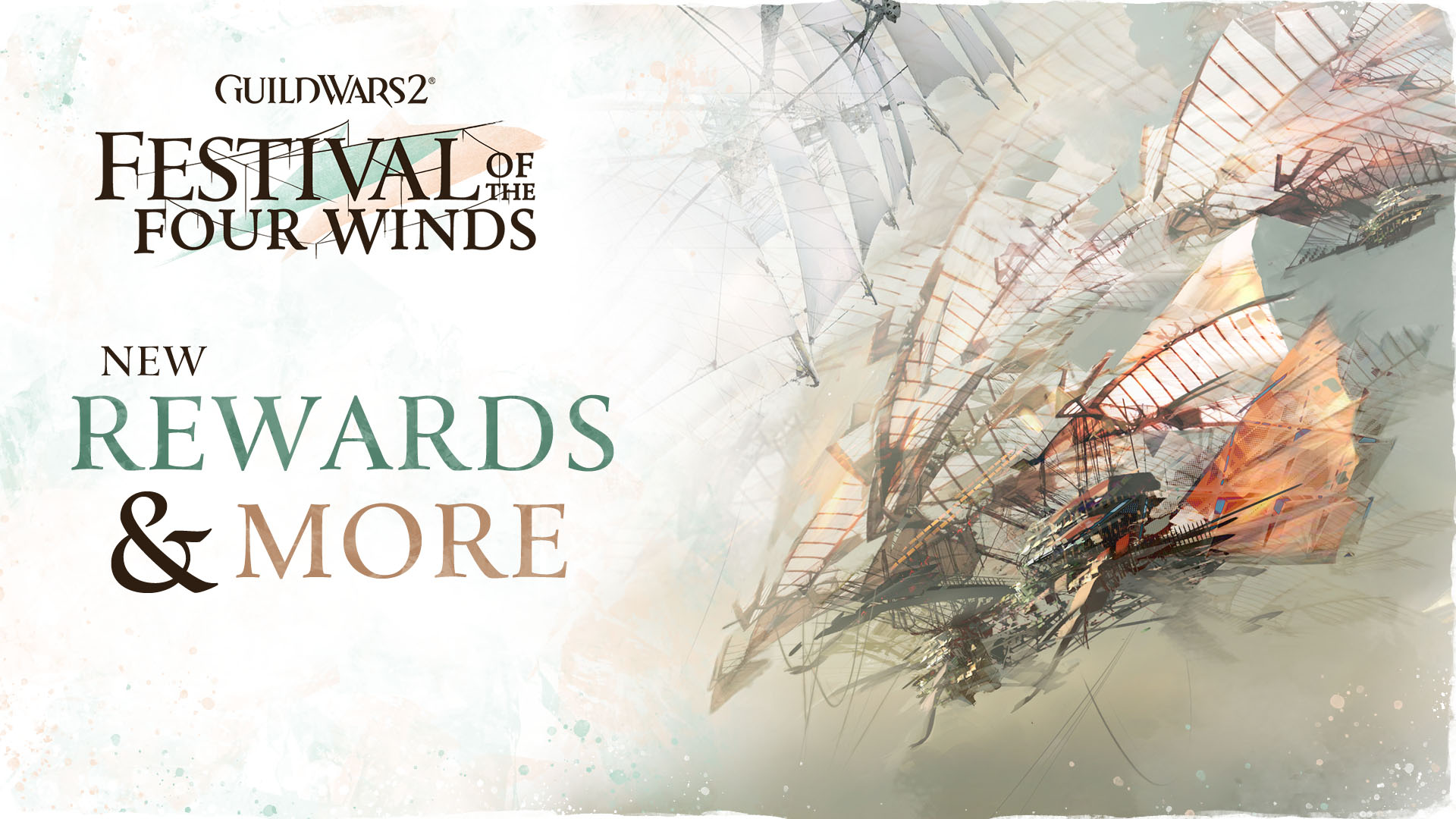 Airships sail over a sandy bay beside the Festival of the Four Winds title