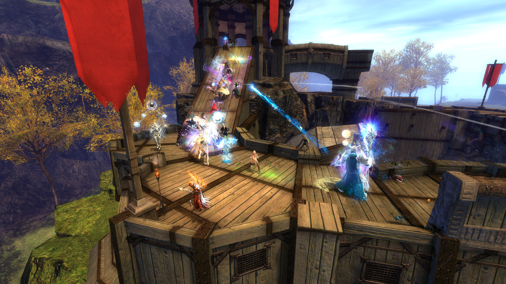 A skirmish in World vs. World on top of a tower wall