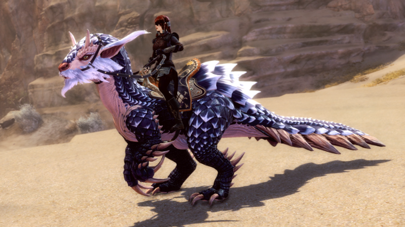 A rider on the Bearded Broadtail raptor skin crosses a desert
